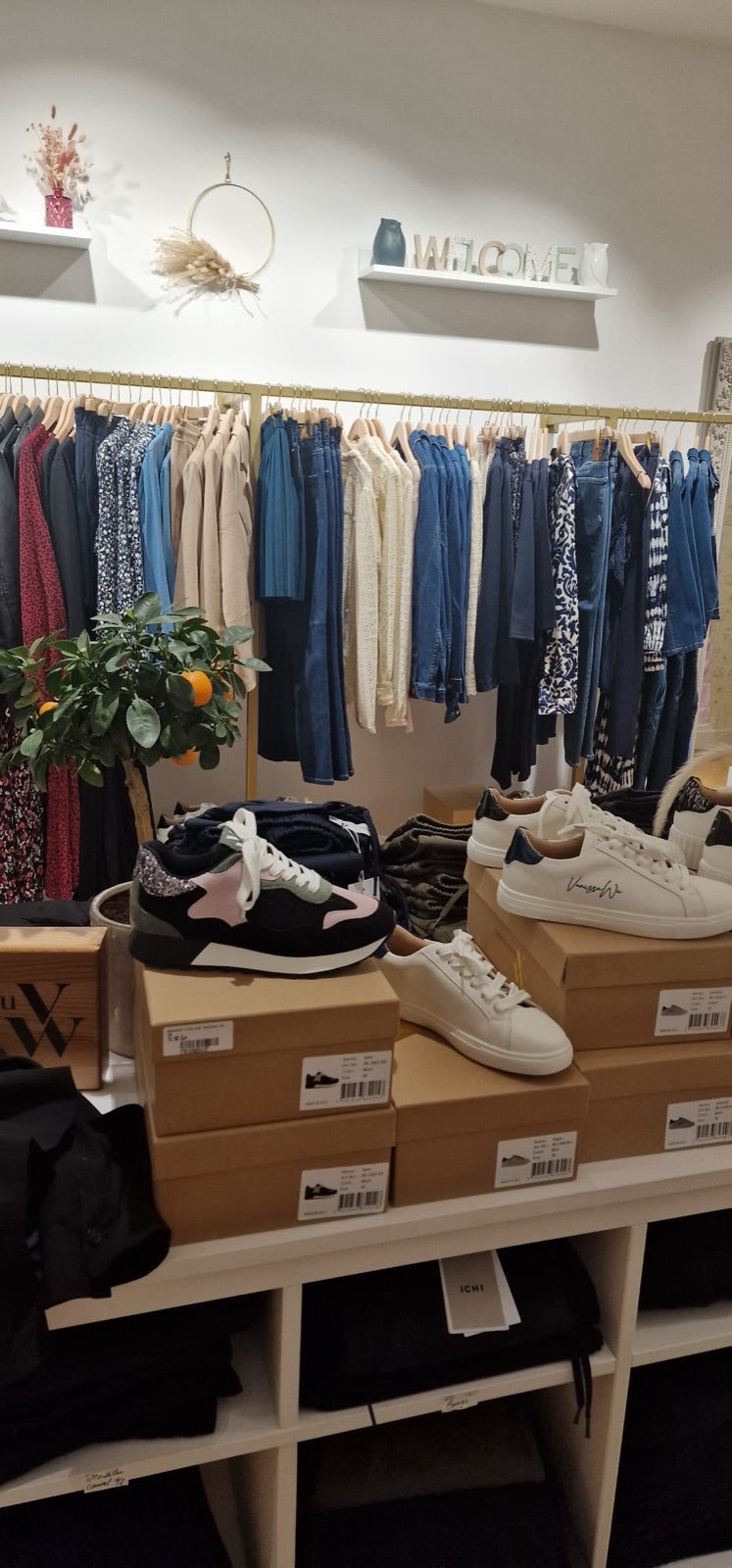Baskets en cuir bicolores présentées sur leurs boîtes en boutique